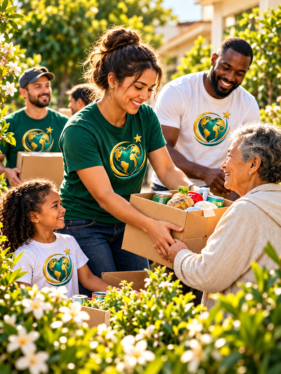 Volunteers handing a food donation box to an elderly woman