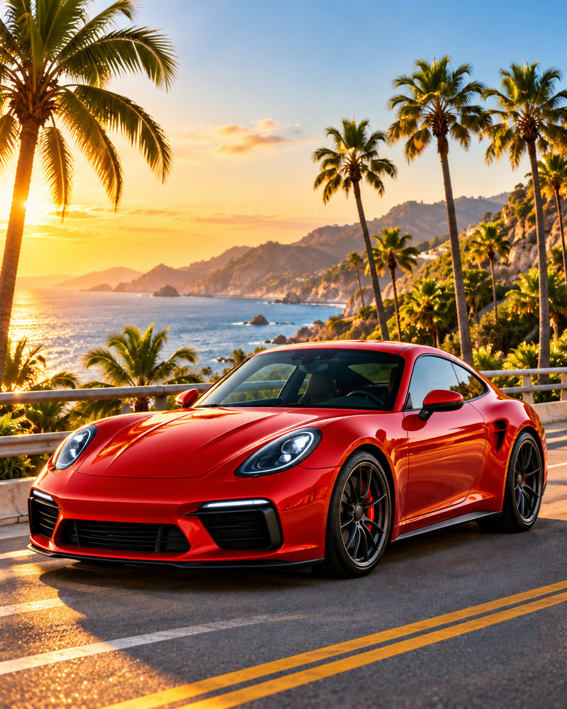 Red sports car on a coastal road at sunset