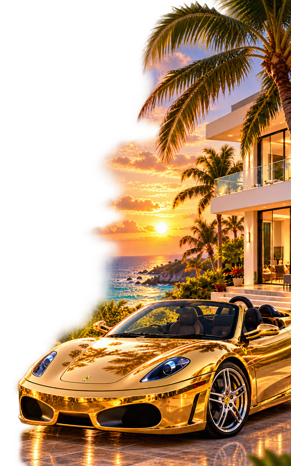 Oceanfront villa with a gold convertible at sunset